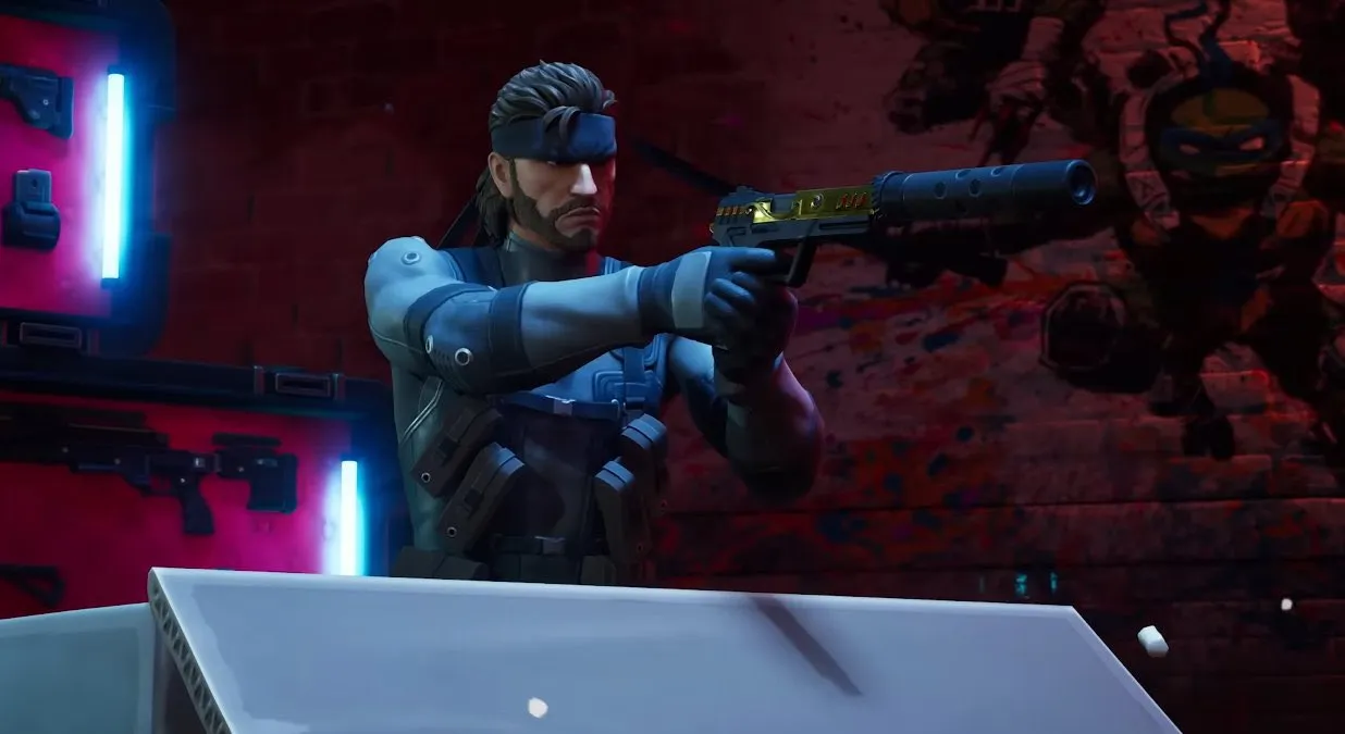 Solid Snake aiming a pistol out of a box in Fortnite.